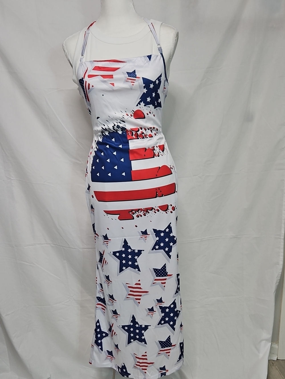 Sleeveless American Flag Star Print Maxi Dress - White/Red/Blue